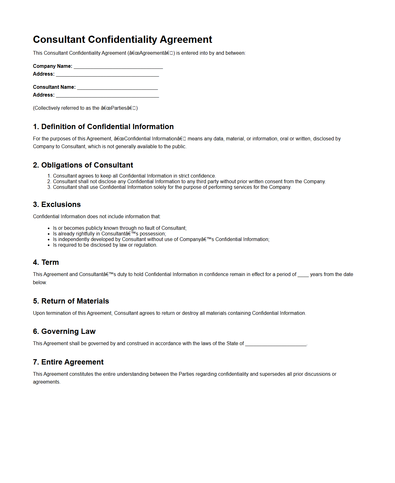 Consultant Confidentiality Agreement Template