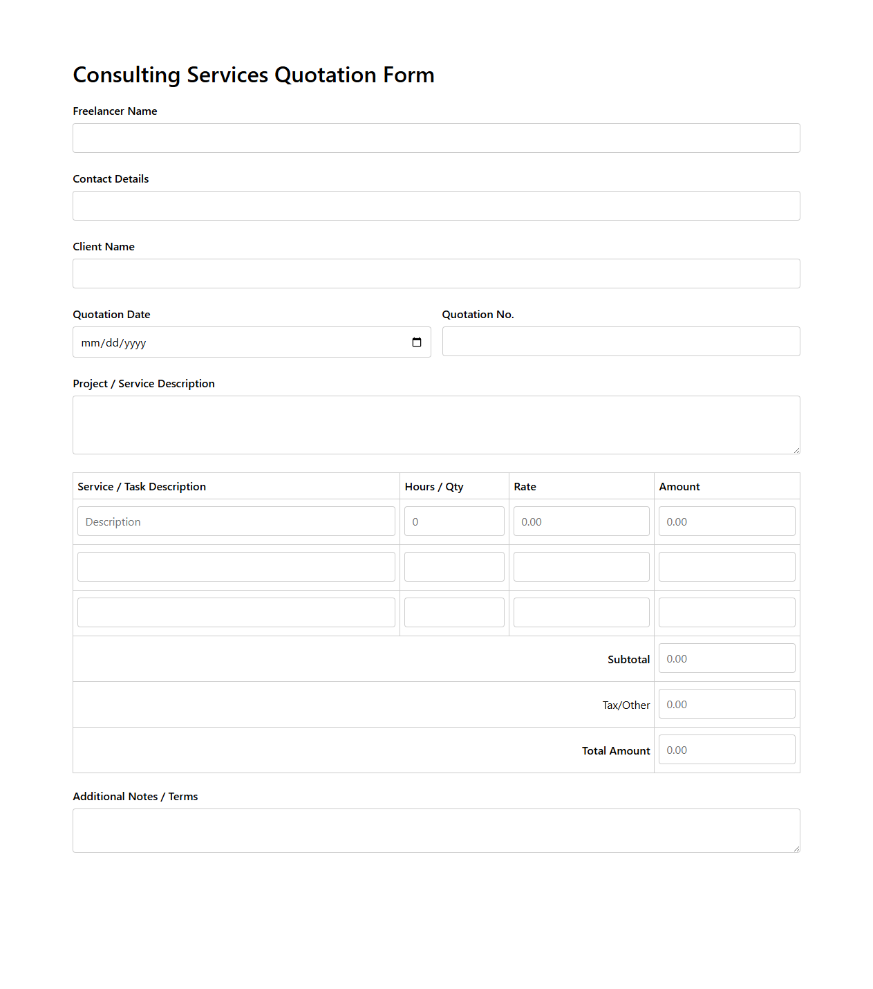 Consulting Services Quotation Form for Freelancers
