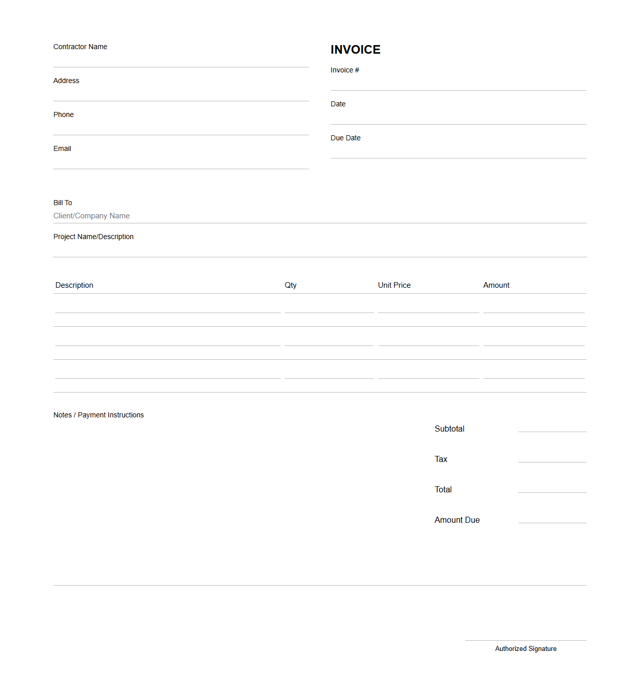 Contractor Blank Invoice Sheet for Projects