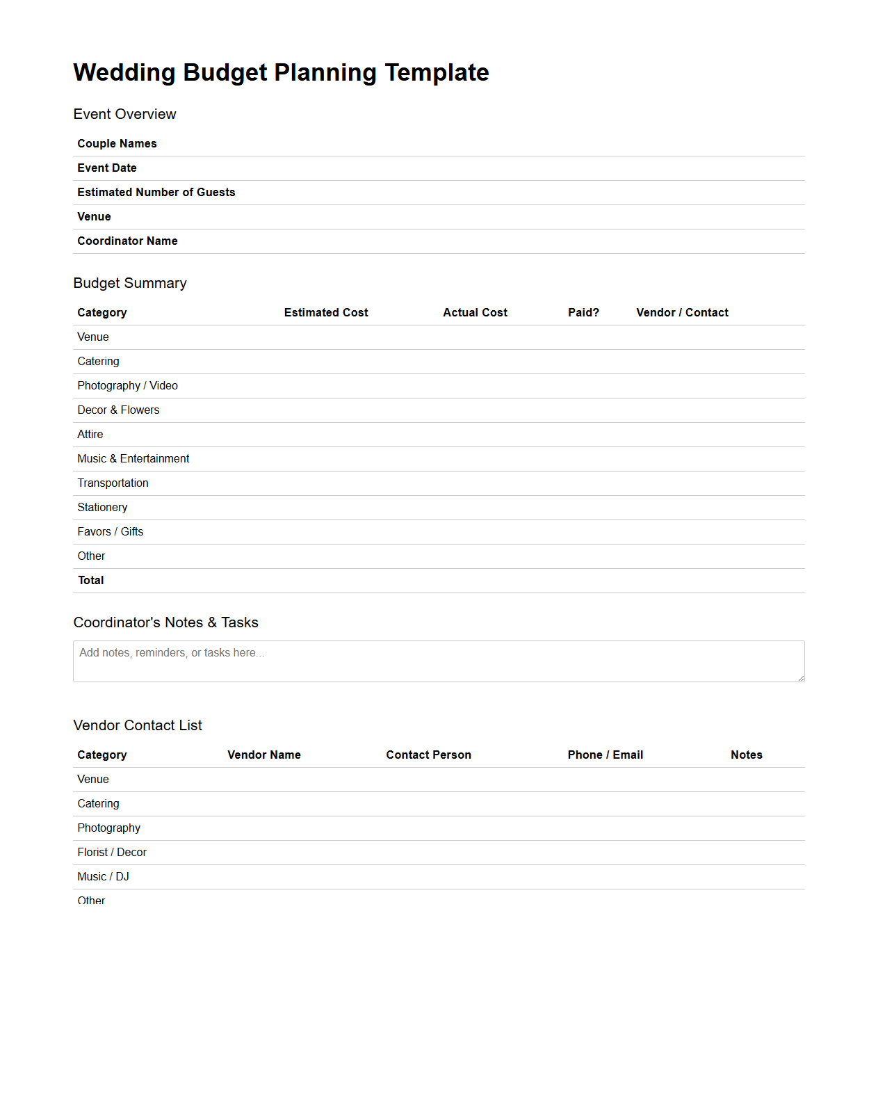 Coordinator-Focused Wedding Budget Planning Template