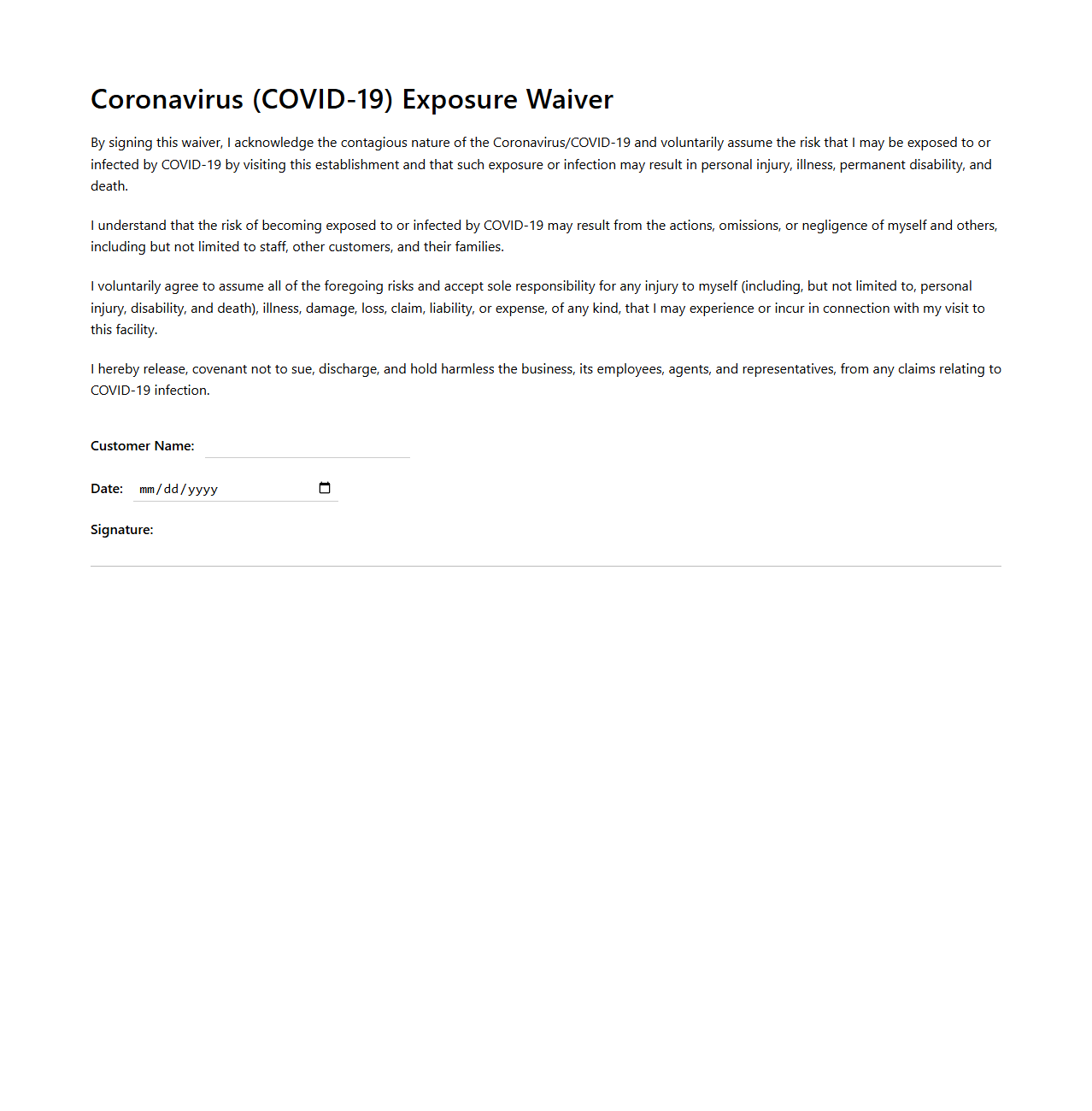 Coronavirus Exposure Waiver for Customers