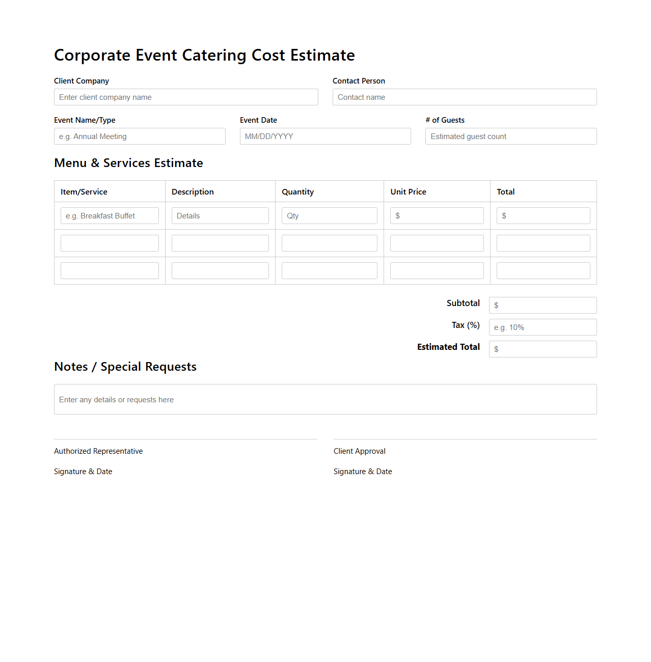 Corporate Event Catering Cost Estimate Template