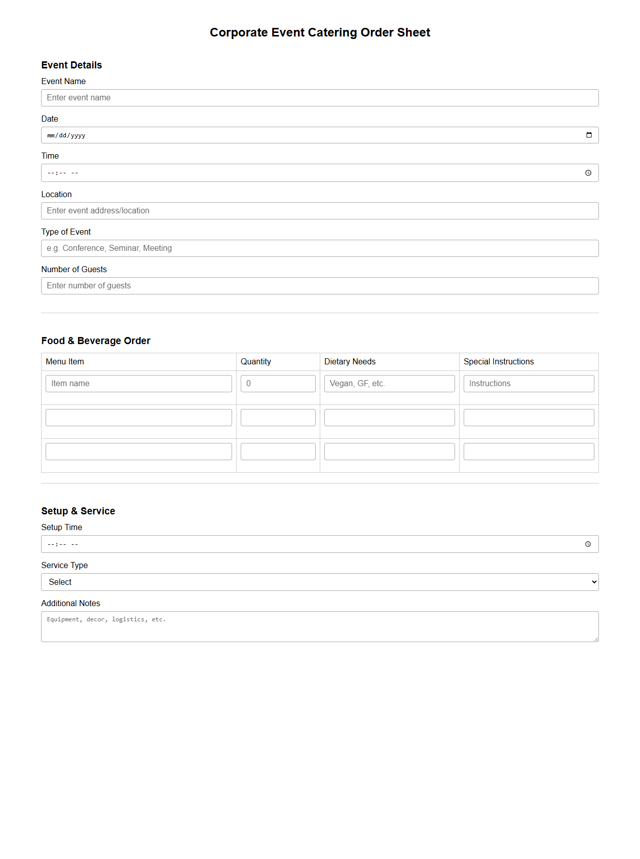 Corporate Event Catering Order Sheet