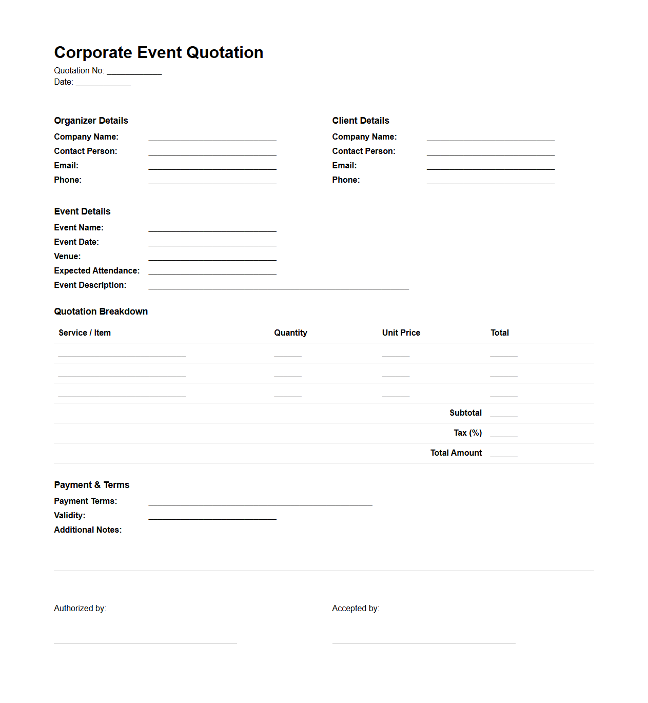 Corporate Event Quotation Document for Organizers