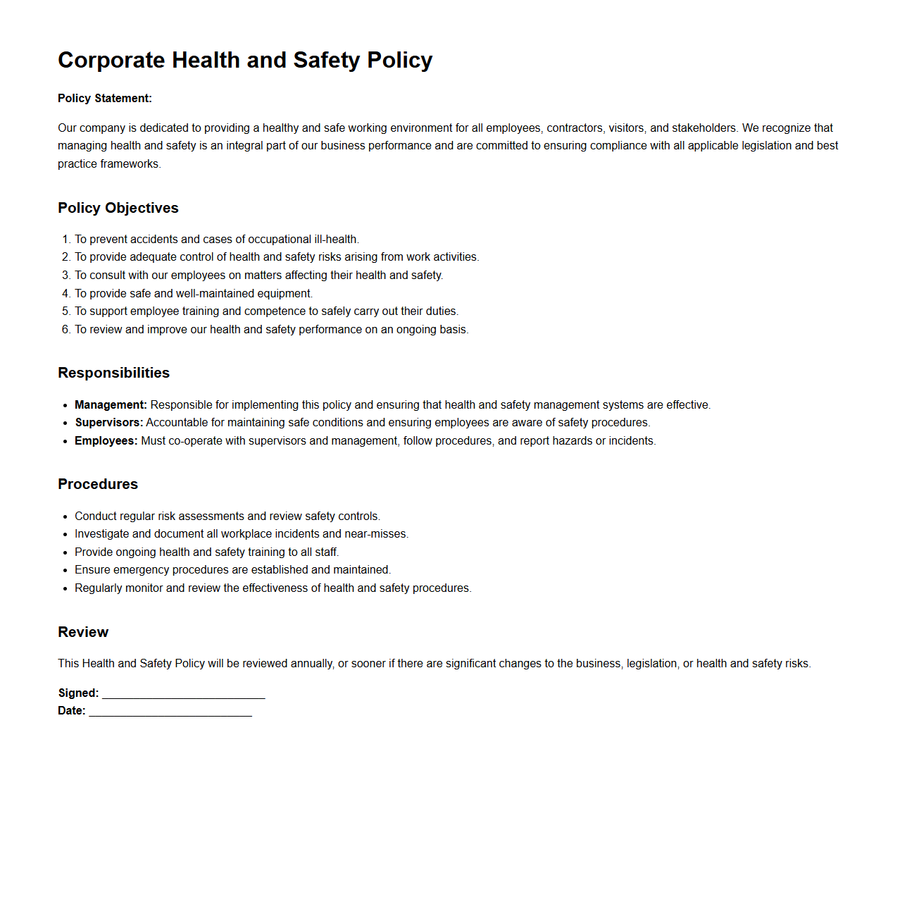 Corporate Health and Safety Policy Example