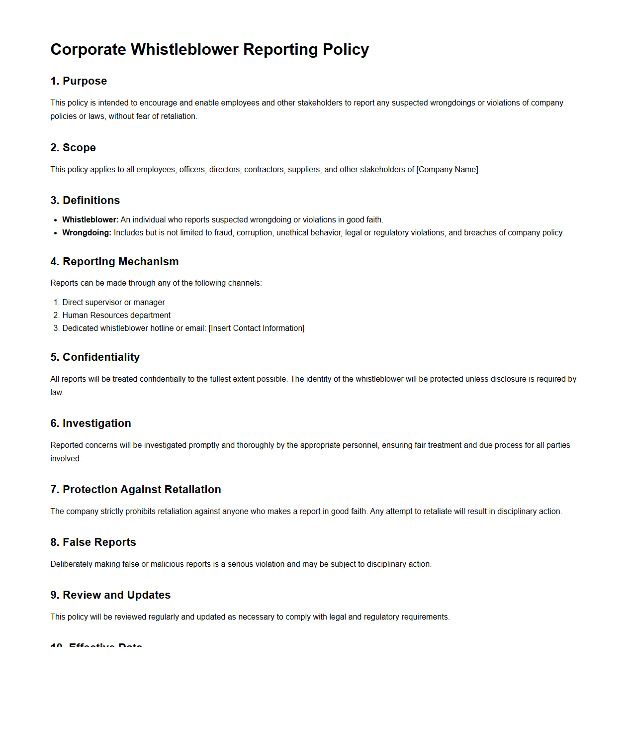 Corporate Whistleblower Reporting Policy Document