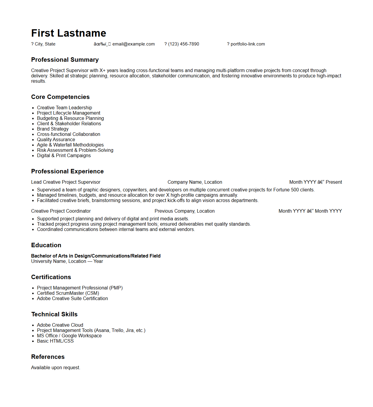 Creative Project Supervisor Resume Blueprint