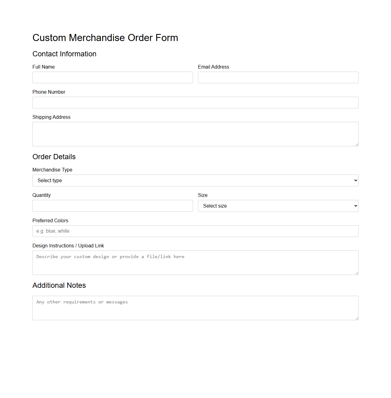 Custom Merchandise Order Form Template