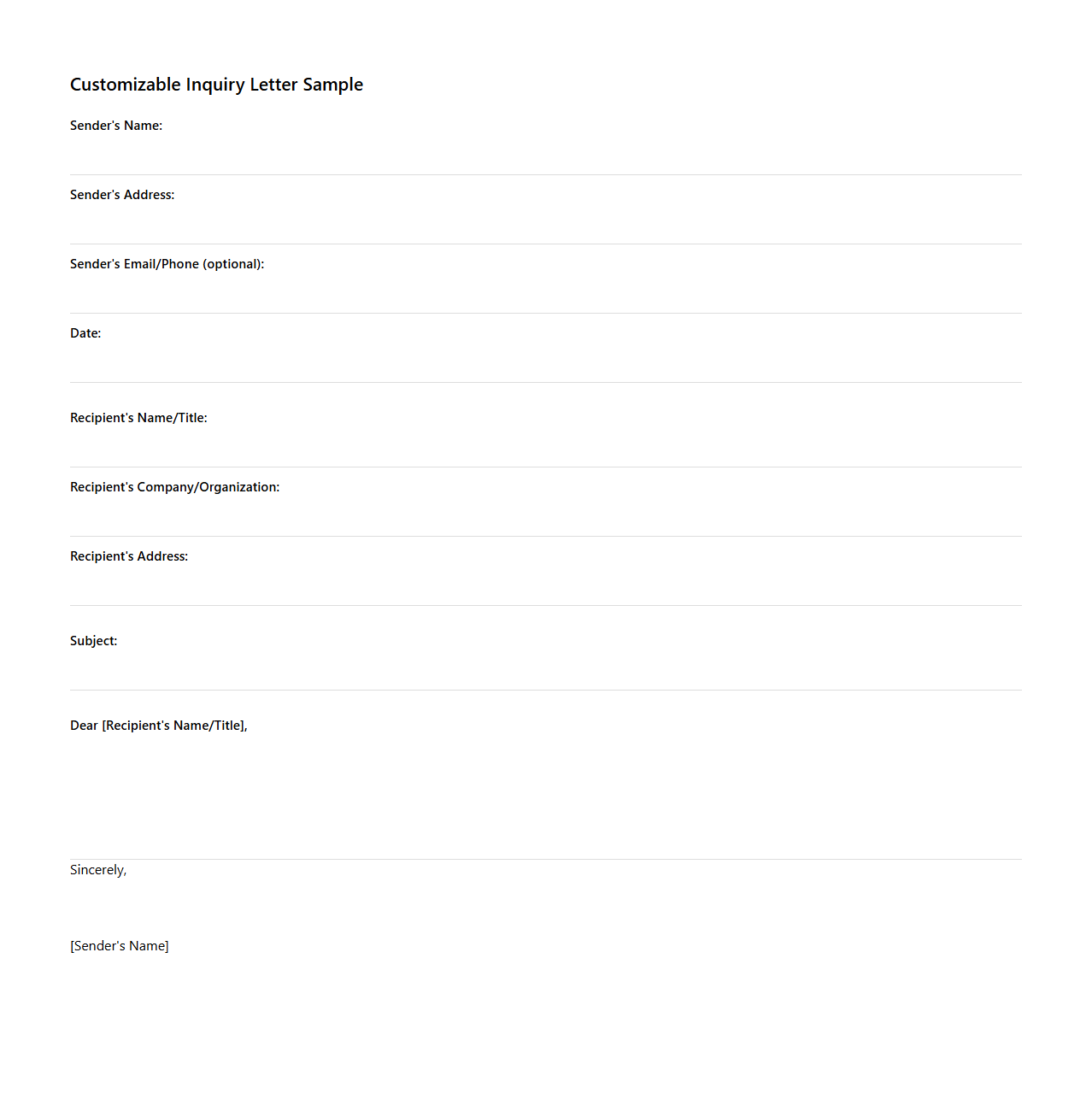 Customizable Inquiry Letter Sample