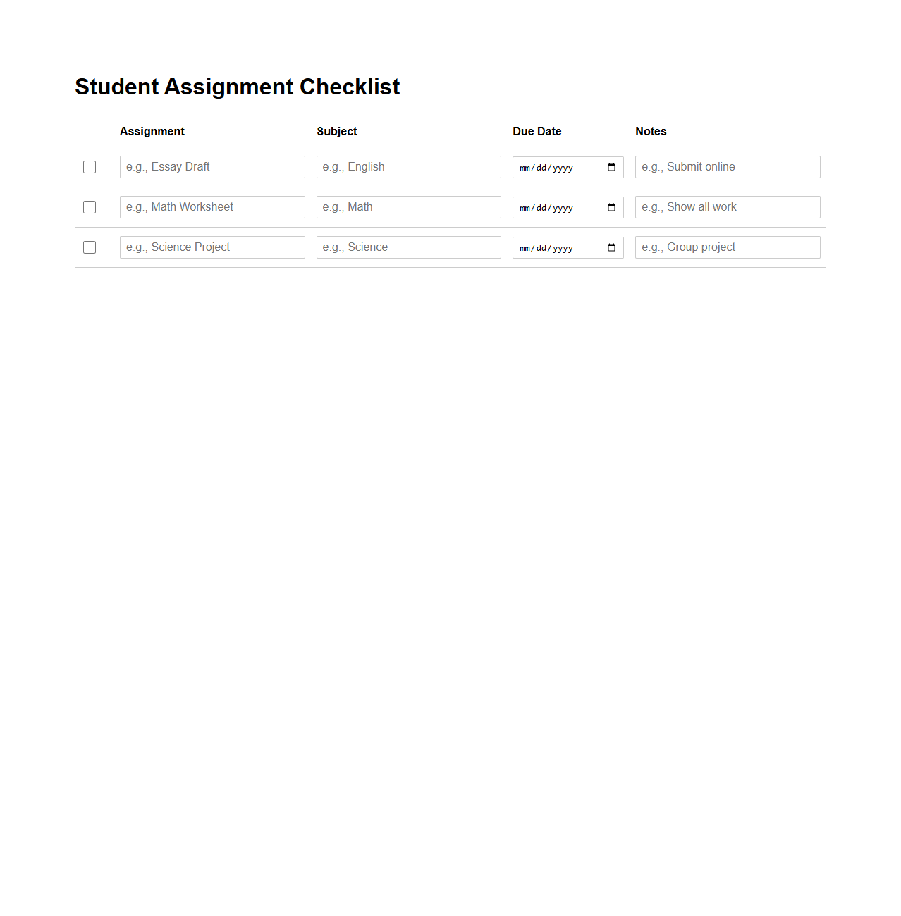 Customizable Student Assignment Checklist