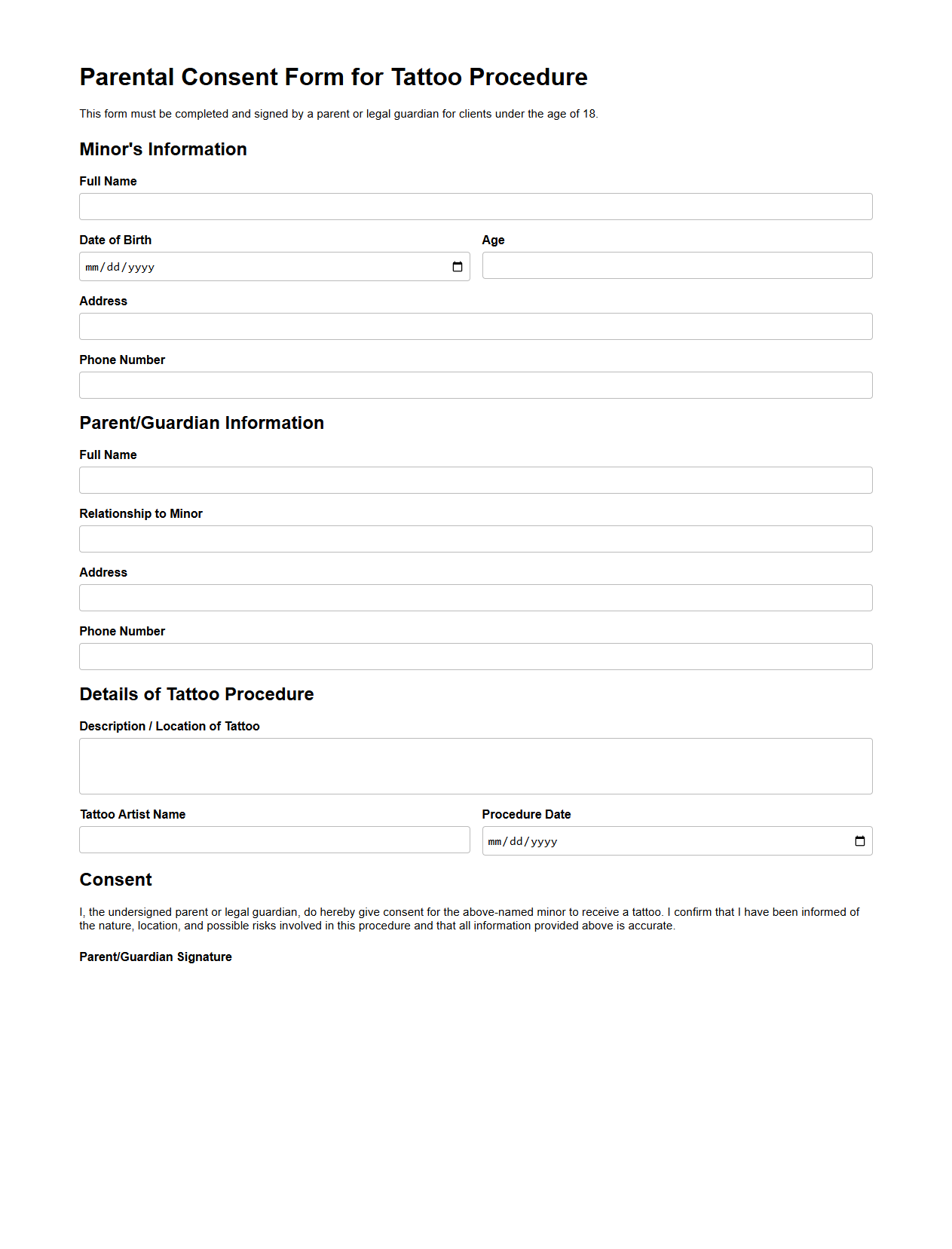 Customizable Tattoo Parental Consent Form