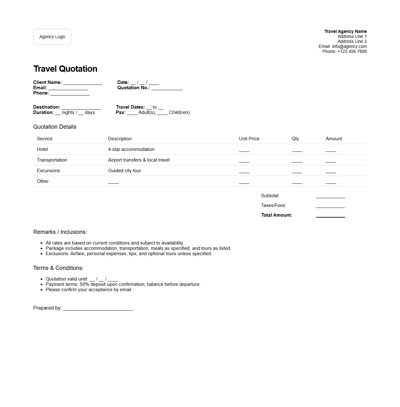 Customizable Travel Quotation Template for Tour Agencies