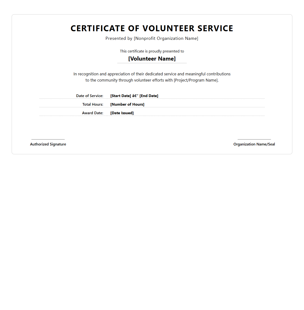 Customizable Volunteer Certificate for Nonprofit Community Service