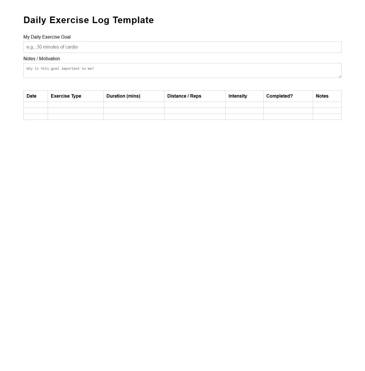 Daily Exercise Log Template for Goal Tracking
