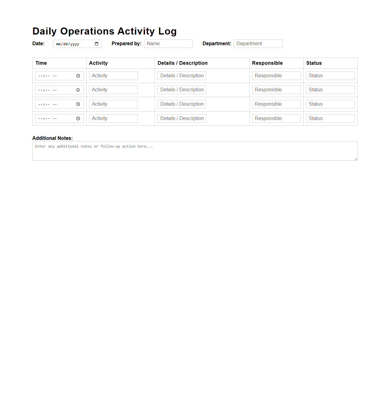 Daily Operations Blank Activity Log Template