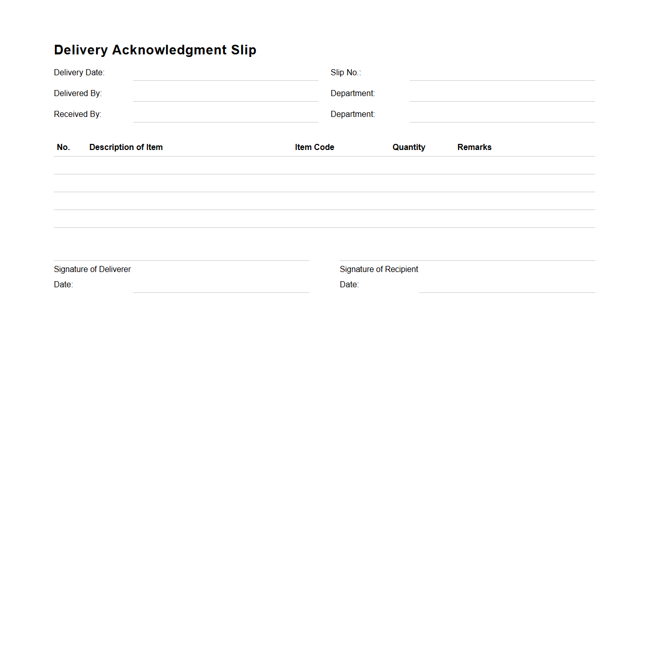 Delivery Acknowledgment Slip for Items Received