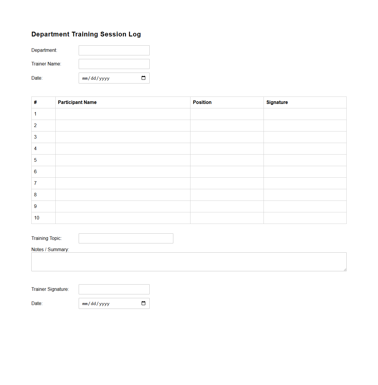 Department Training Session Log