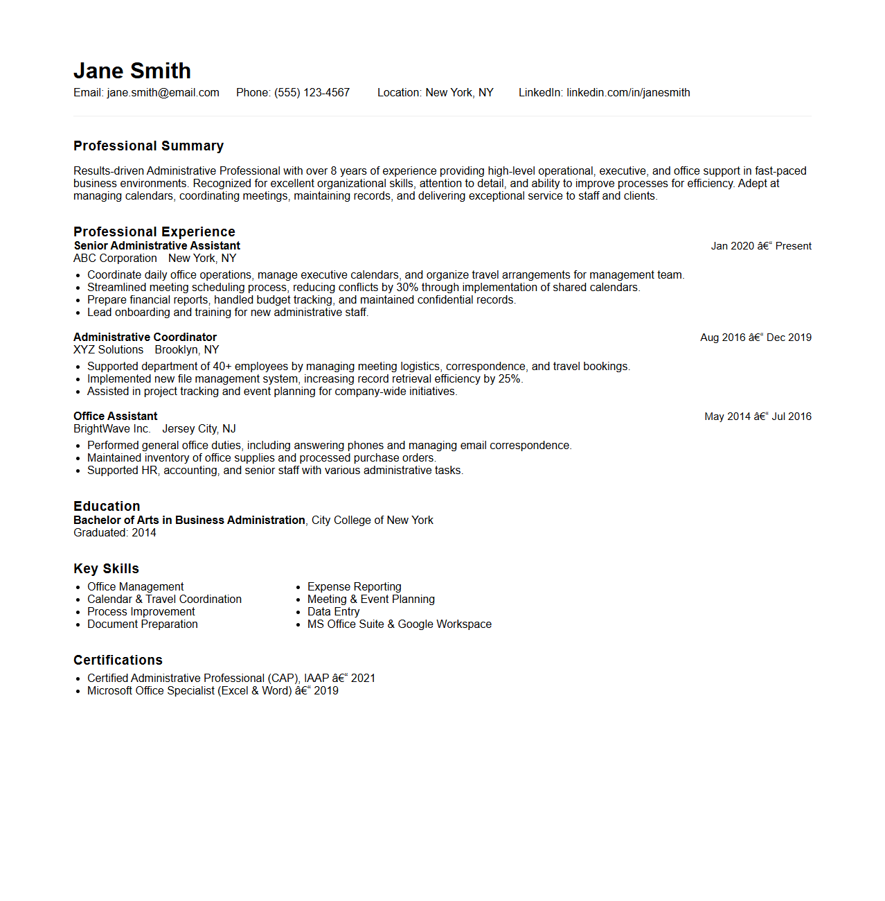 Detailed Administration Resume Example