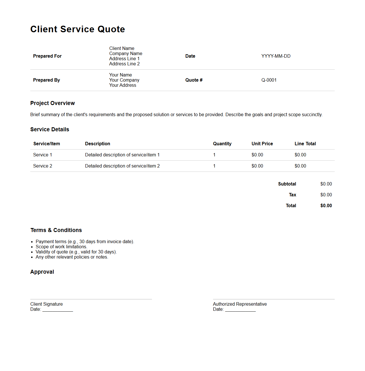 Detailed Client Service Quote Document