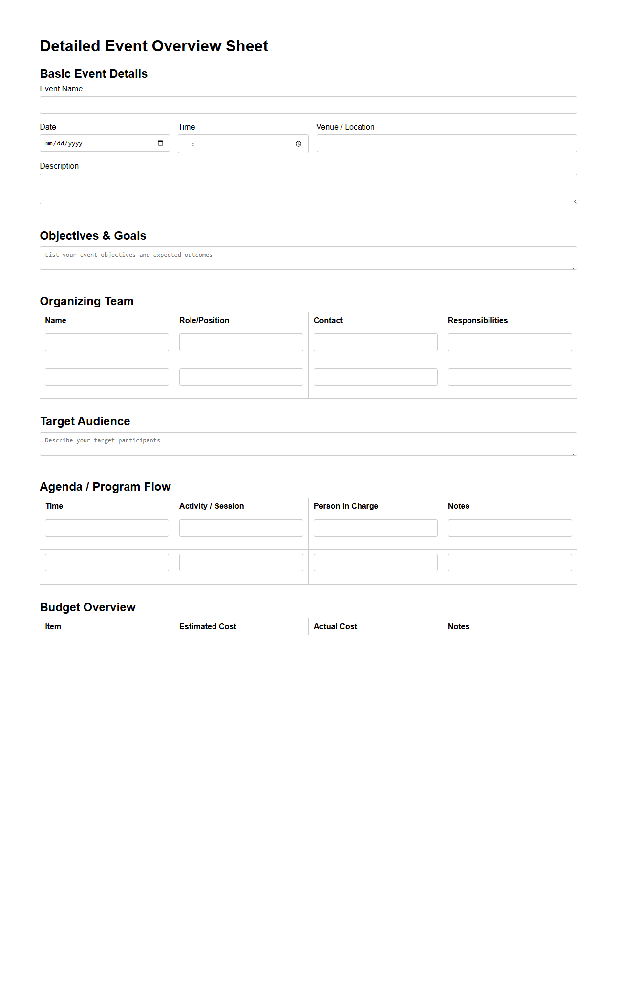 Detailed Event Overview Sheet for Organizing Teams