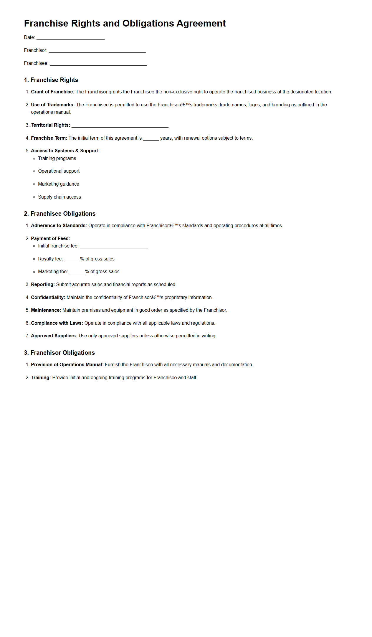 Detailed Franchise Rights and Obligations Template