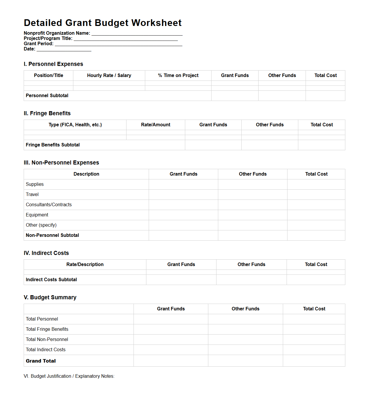 Detailed Grant Budget Worksheet for Nonprofit Groups