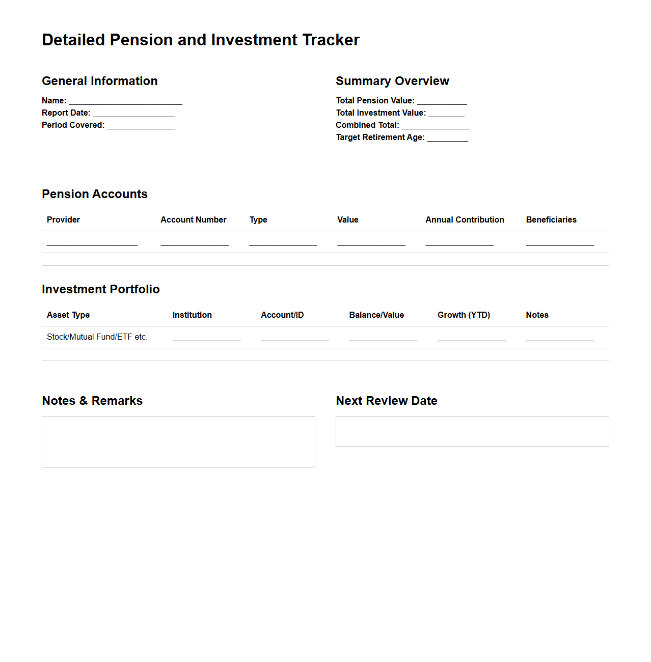 Detailed Pension and Investment Tracker