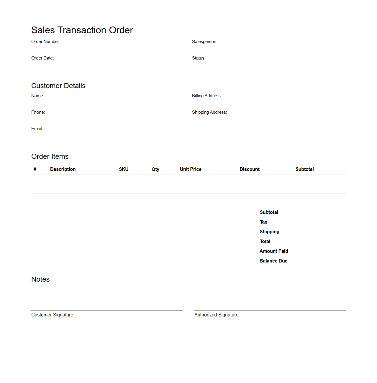 Detailed Sales Transaction Order Template