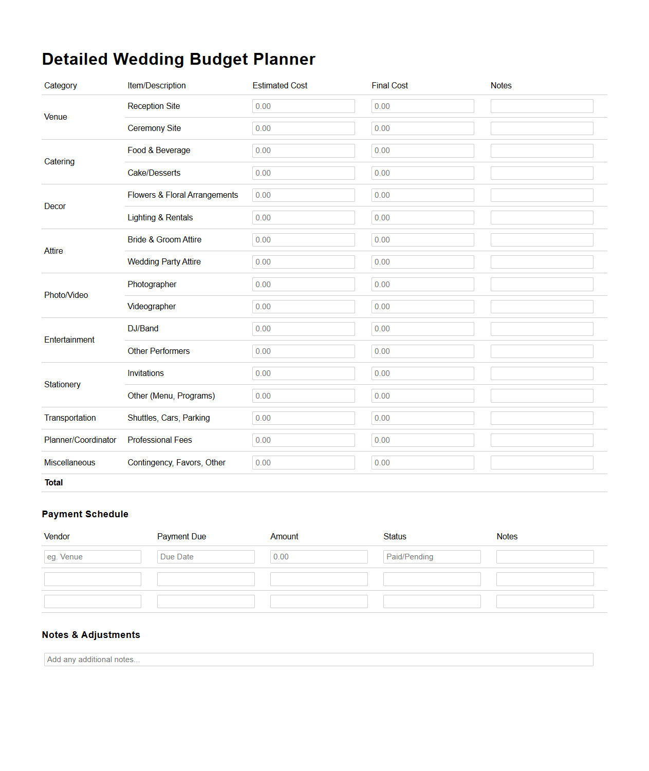 Detailed Wedding Budget Planner for Event Professionals