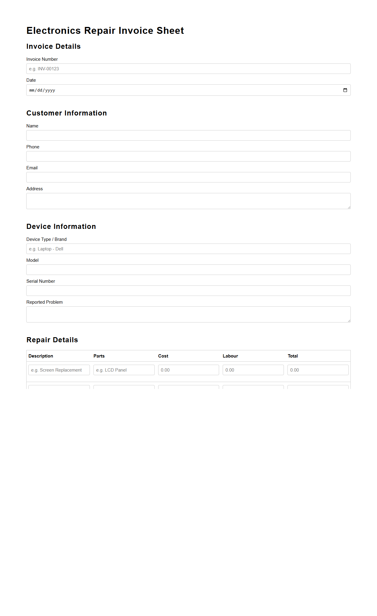 Electronics Repair Invoice Sheet