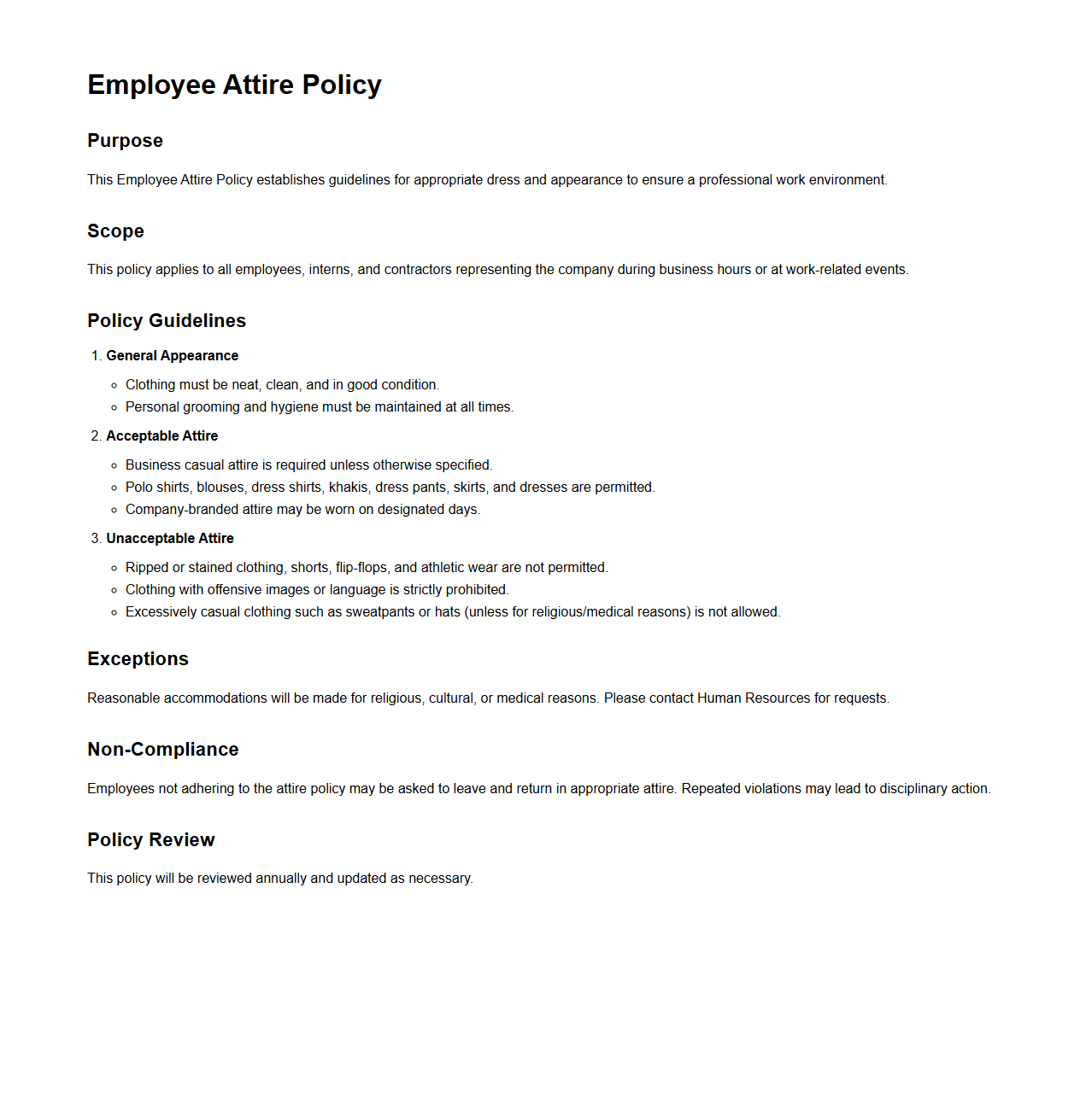 Employee Attire Policy Template