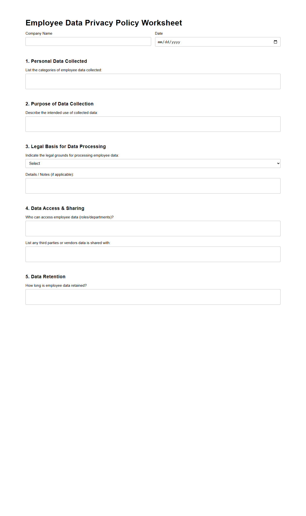 Employee Data Privacy Policy Worksheet