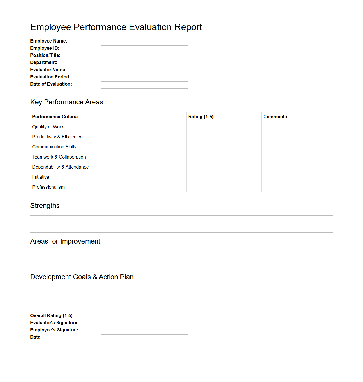 Employee Performance Evaluation Report Template