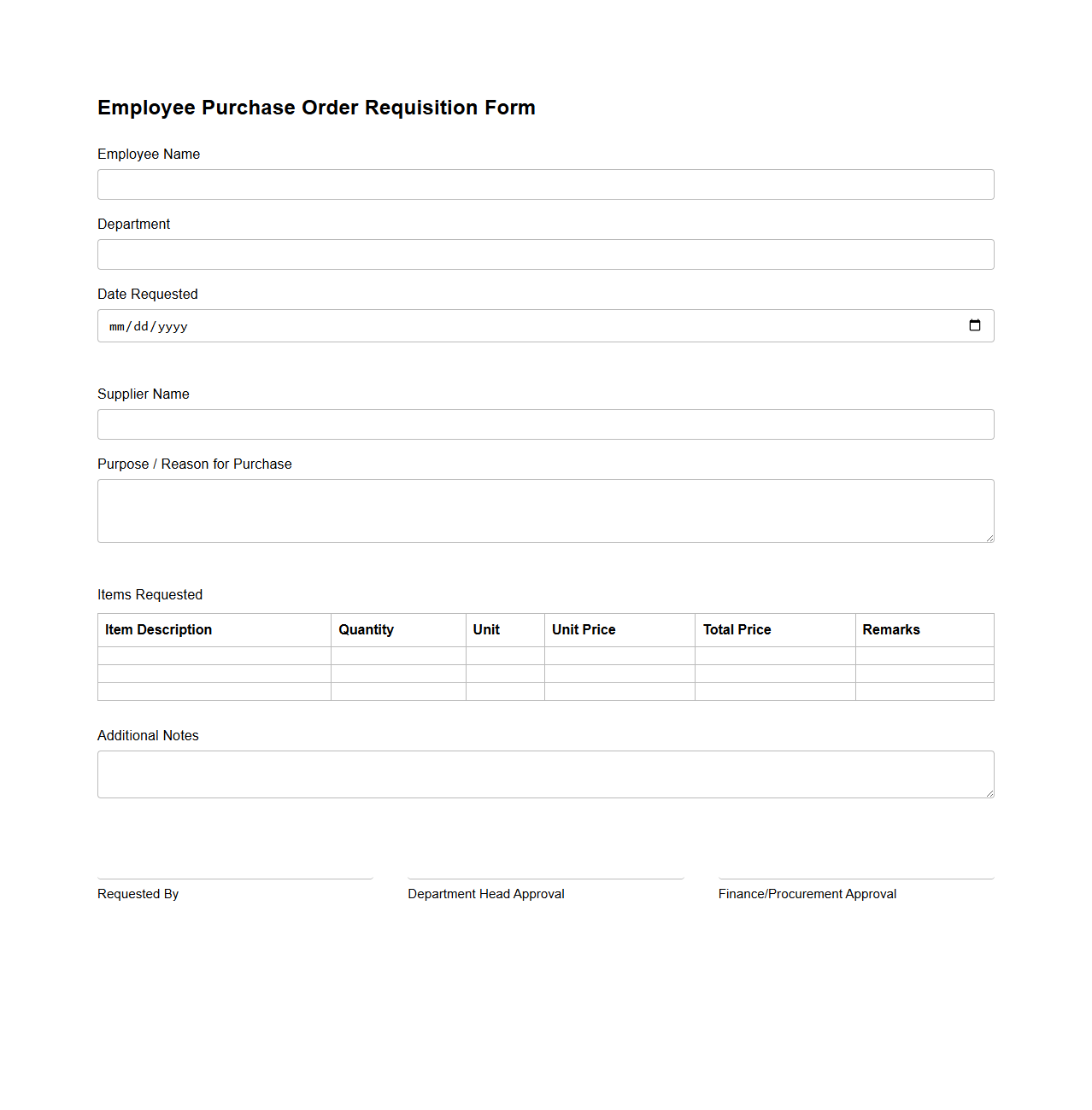Employee Purchase Order Requisition Form