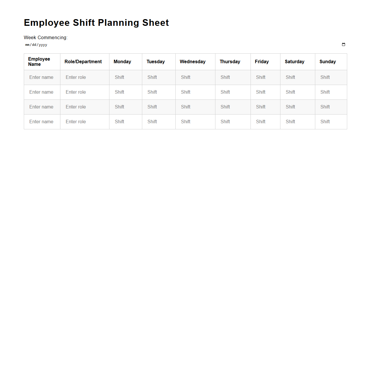 Employee Shift Planning Sheet Template