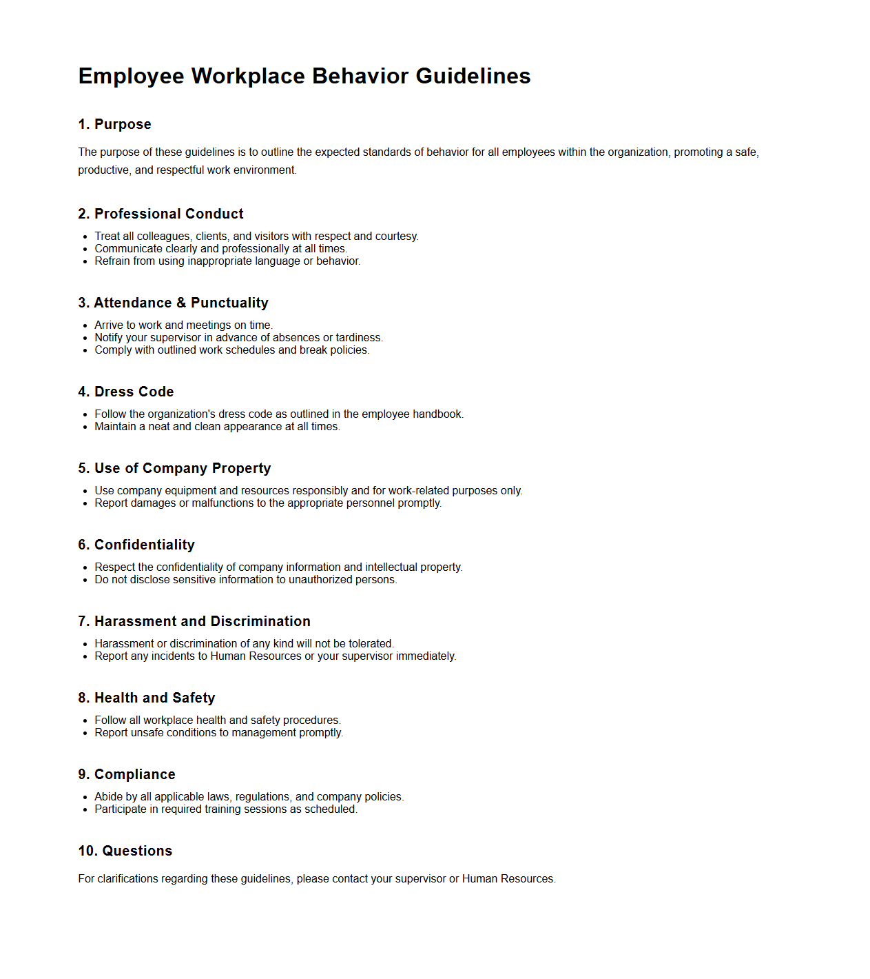 Employee Workplace Behavior Guidelines Sample