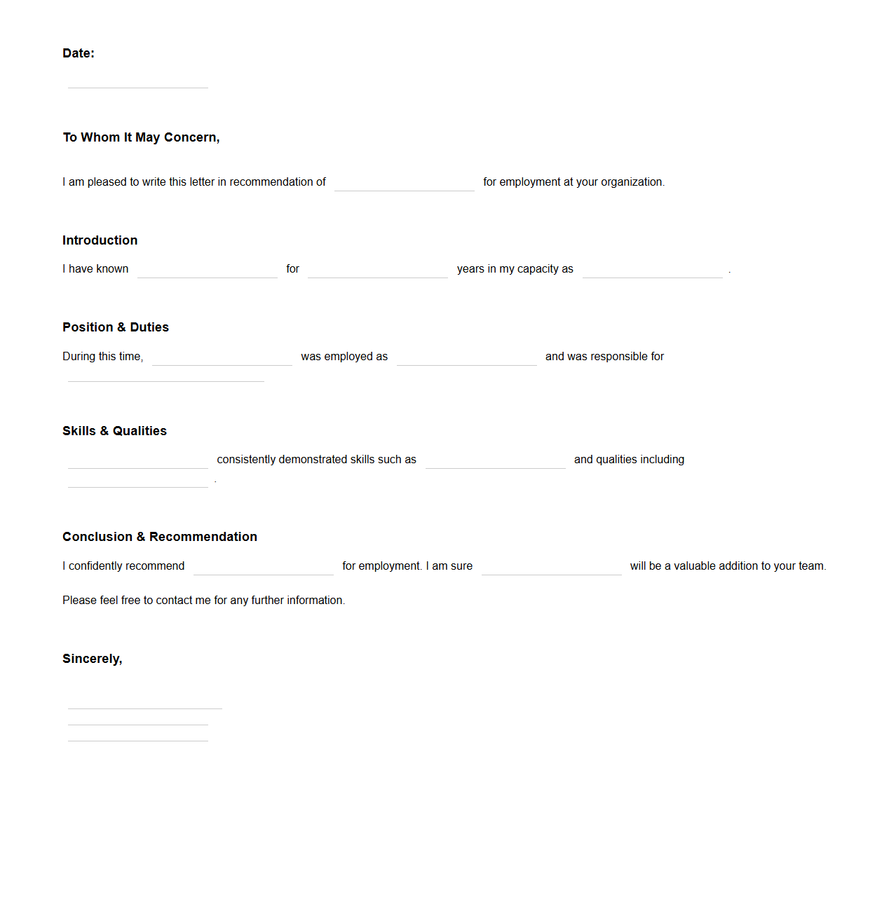 Employment Recommendation Blank Letter Outline