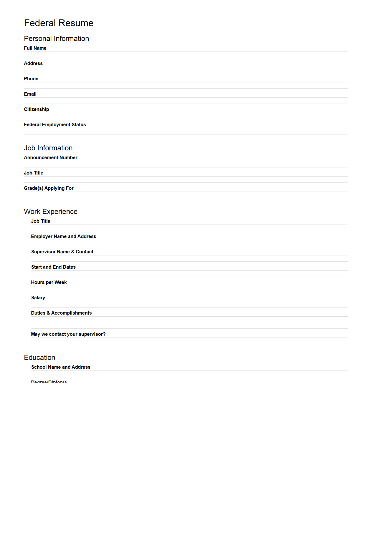 Empty Federal Resume Structure for Civil Service Positions