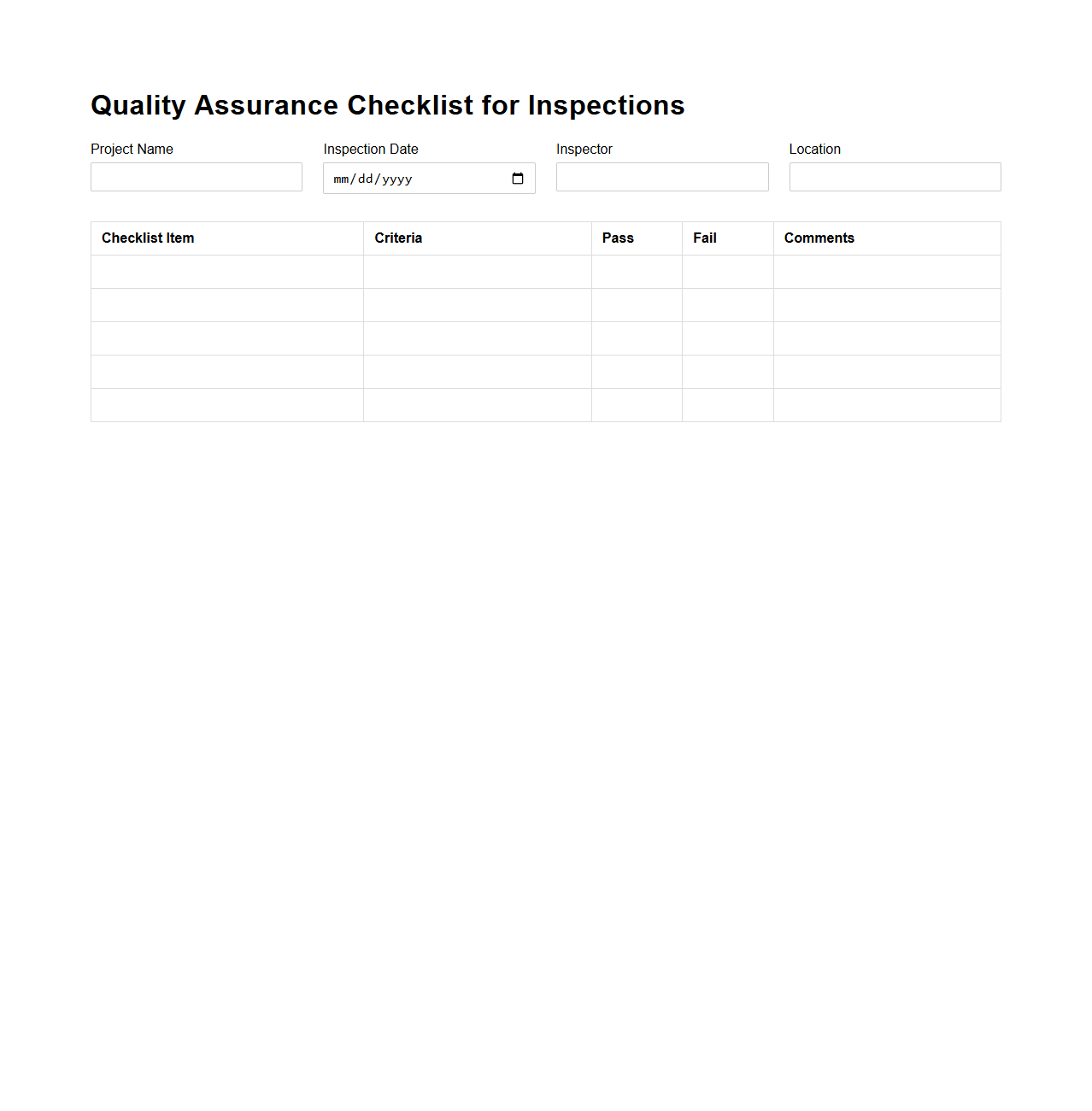 Empty Quality Assurance Checklist for Inspections