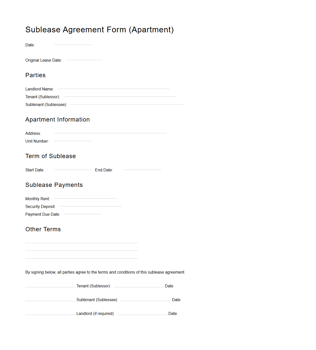 Empty Sublease Agreement Form for Apartments