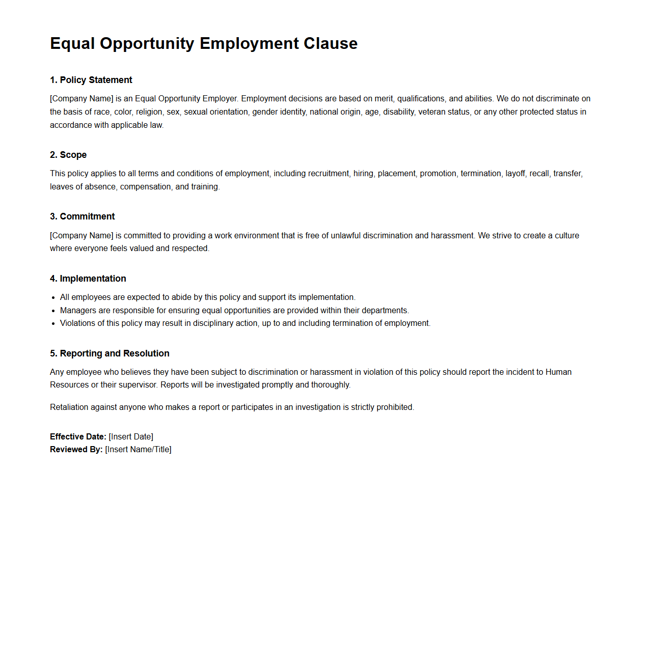 Equal Opportunity Employment Clause Template for HR