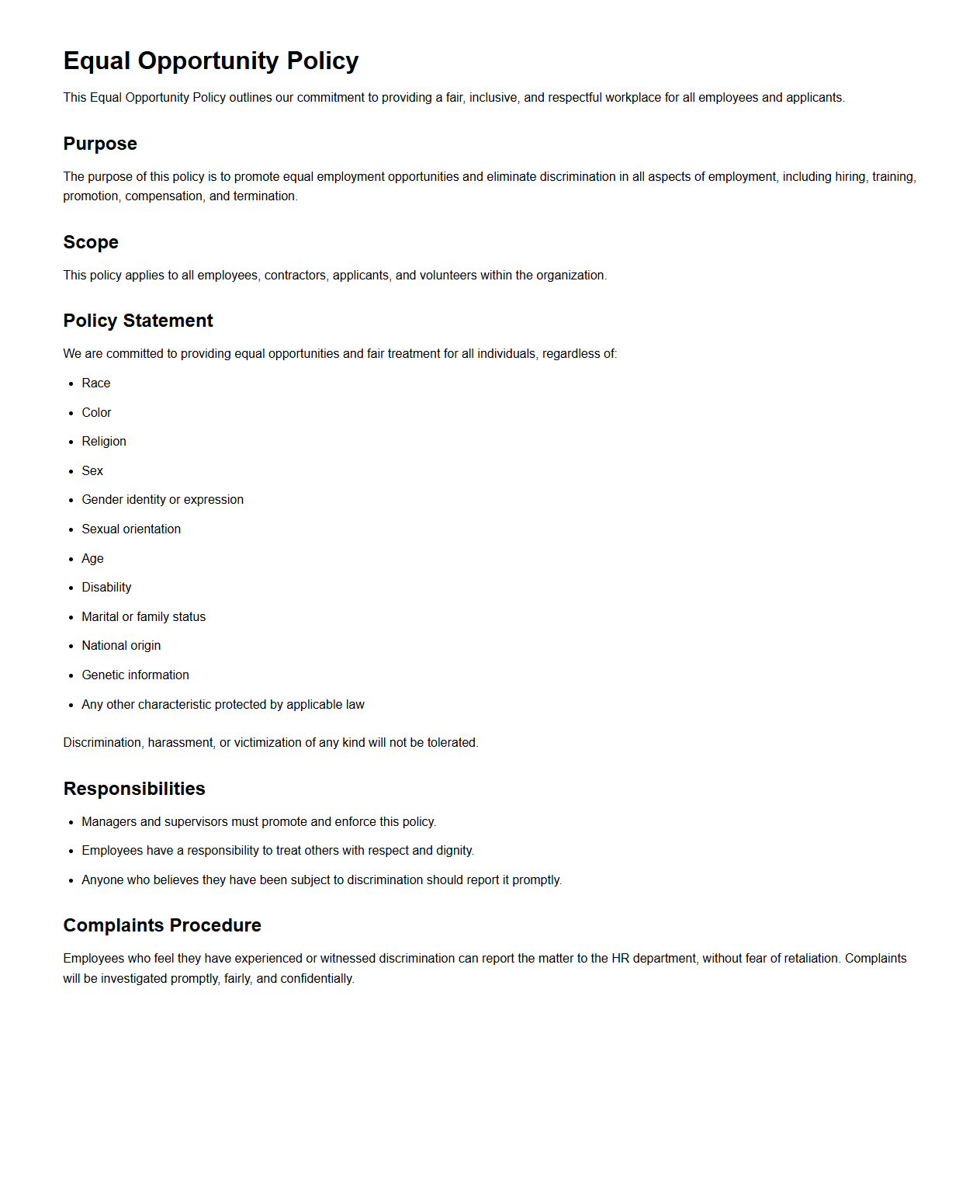 Equal Opportunity Policy Template for HR Manuals