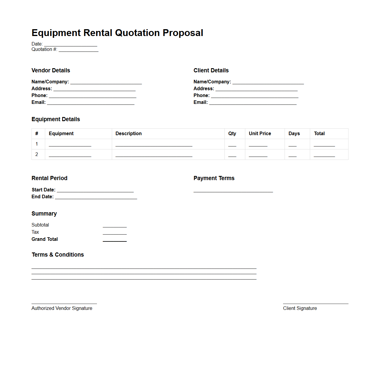 Equipment Rental Quotation Proposal Layout