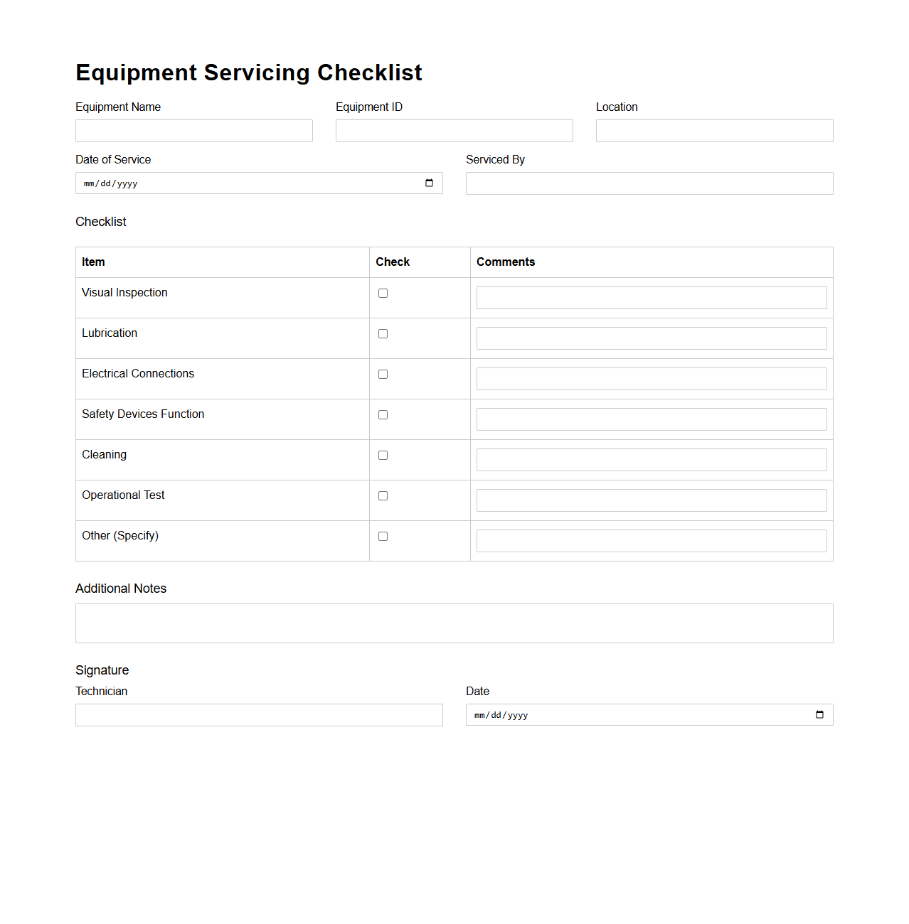 Equipment Servicing Checklist for Industrial Use