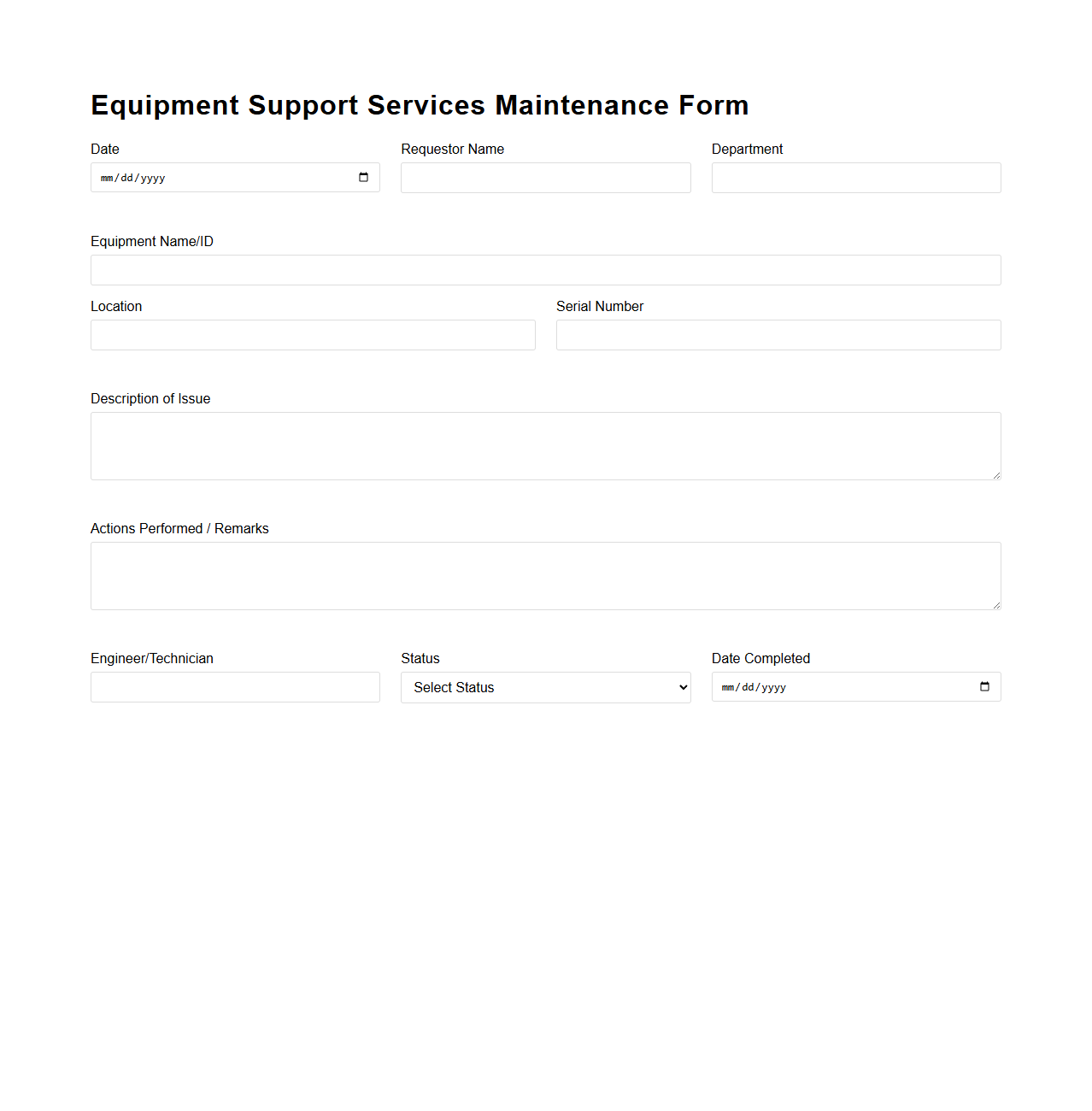 Equipment Support Services Maintenance Form