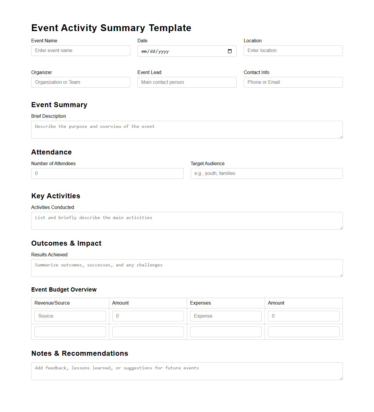 Event Activity Summary Template for Nonprofits