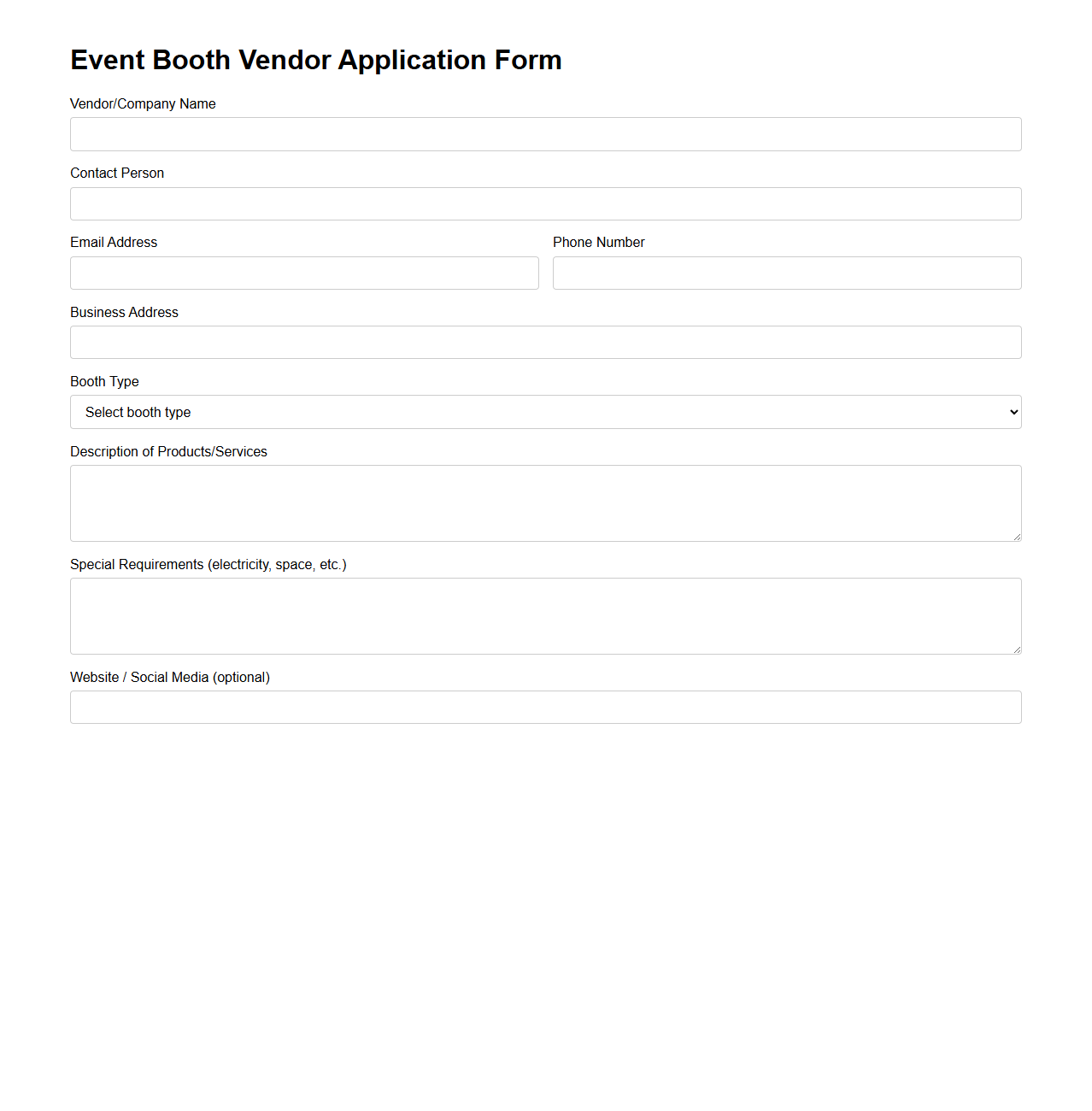 Event Booth Vendor Application Form