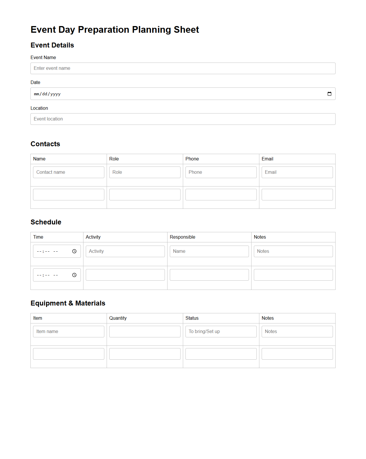 Event Day Preparation Planning Sheet