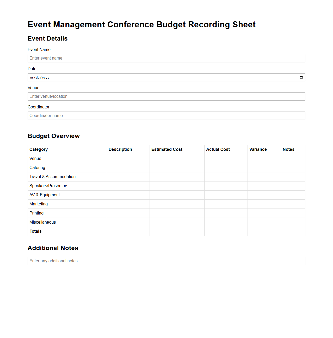 Event Management Conference Budget Recording Sheet