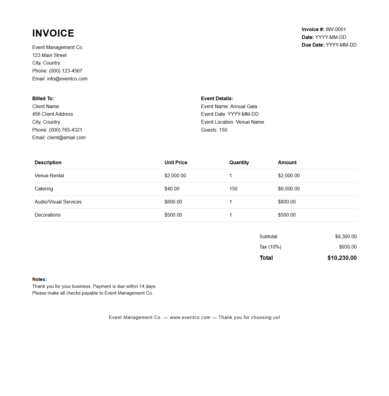 Event Management Invoice Layout